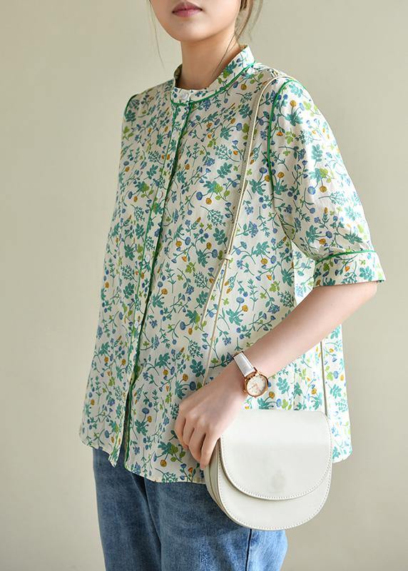 Short Sleeve Green Print Cotton Blouses