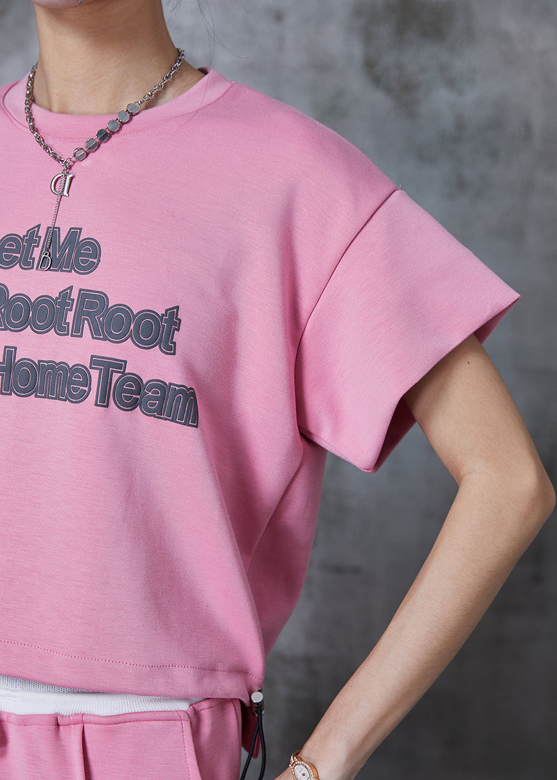 Pink Letter Print Cotton Two Piece Set Outfits Summer