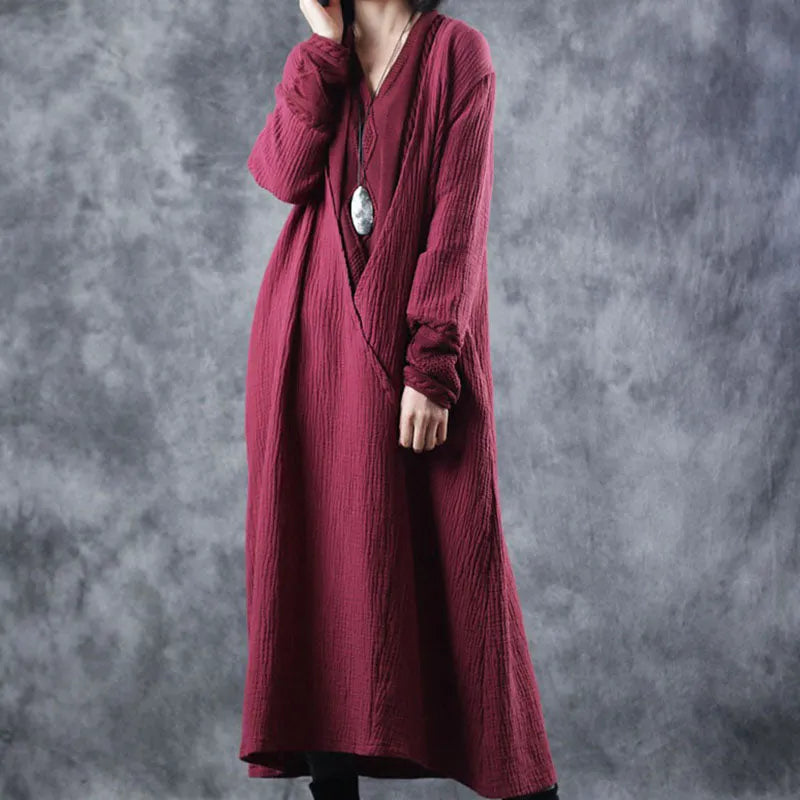 French Blackapricot V Neck Patchwork Pockets Fall Knit Long Sleeve Maxi Dress