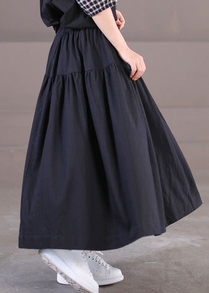 Black Elastic Waist Patchwork Cotton Pleated Skirt Summer