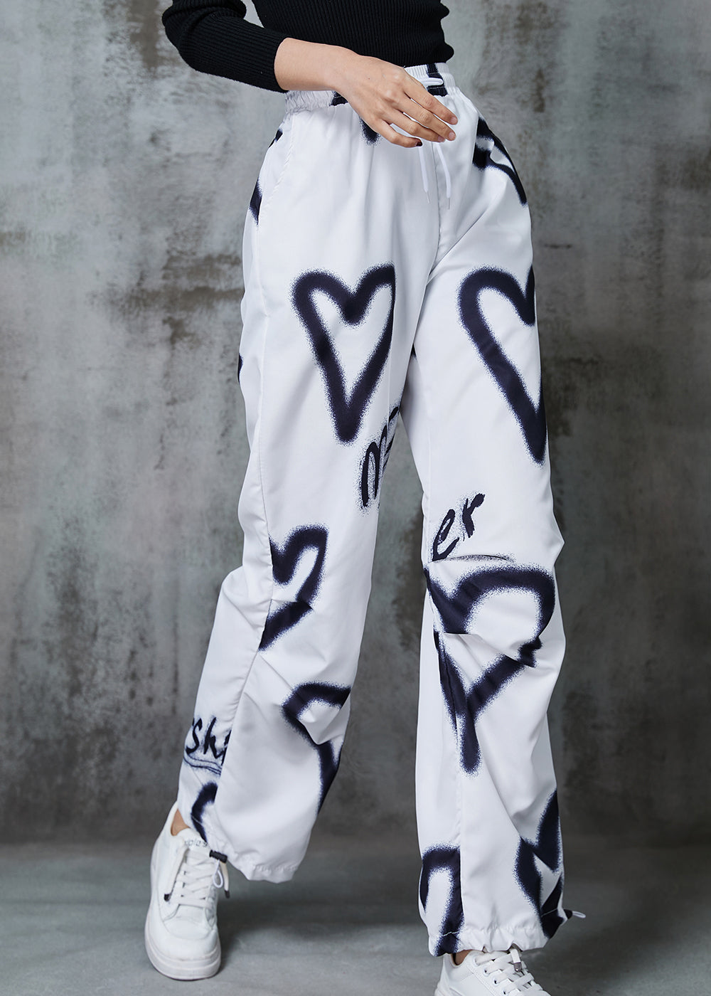 Diy White Love Painting Drawstring Cotton Pants Spring
