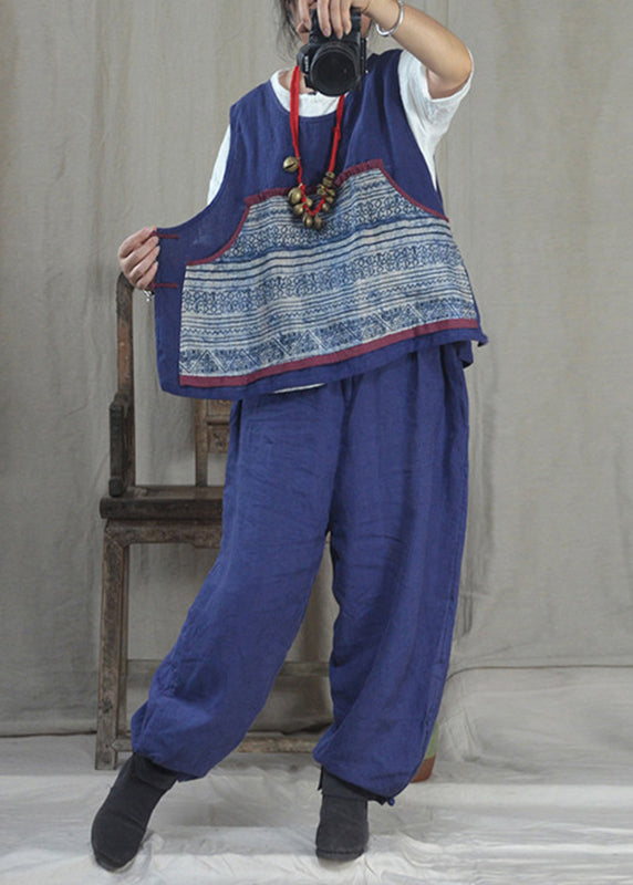 Blue O-neck Patchwork Linen Tank Top Fall