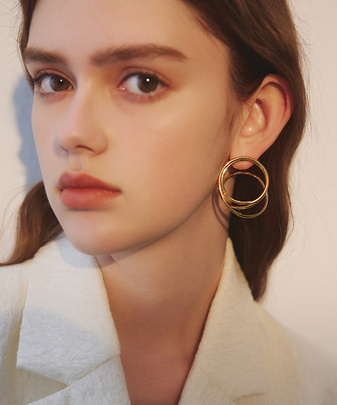 Golden Rotundity Asymmetrical Design Metal Stud Earrings