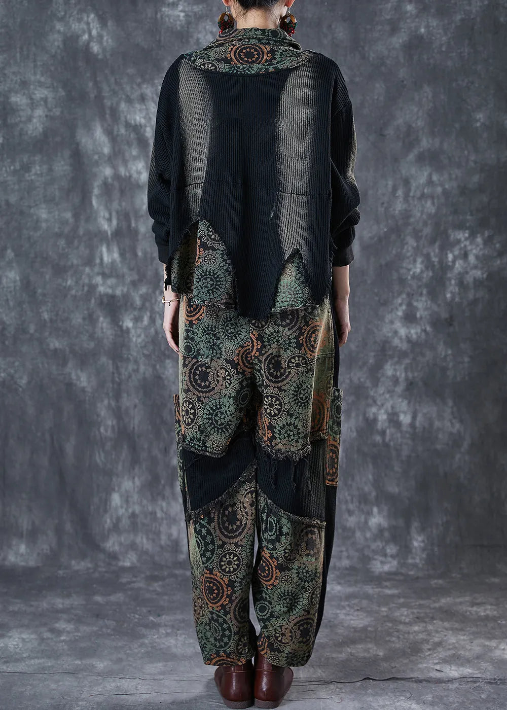 Black Tie Dye Patchwork Print Denim Two Pieces Set Fall