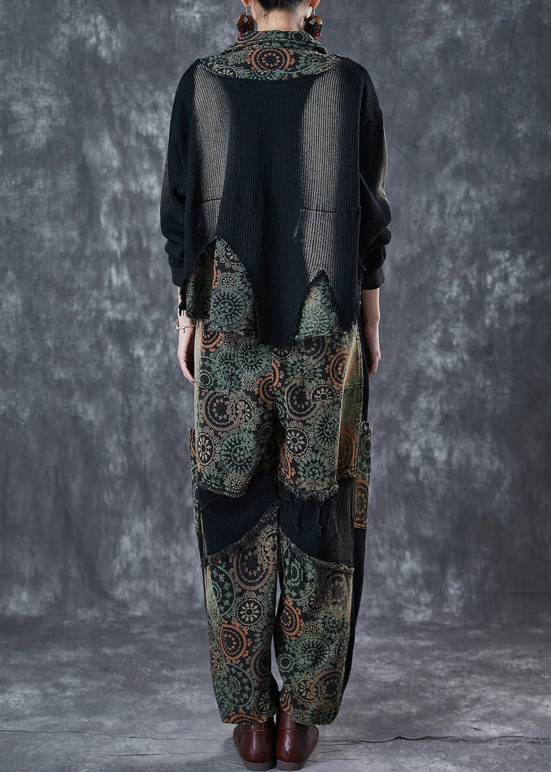 Black Tie Dye Patchwork Print Denim Two Pieces Set Fall