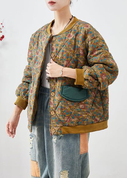 Yellow Oversized Print Fine Cotton Filled Winter Coats Winter