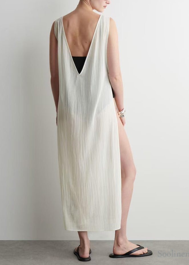 White Backless Side Open Cotton Robe Dresses Sleeveless
