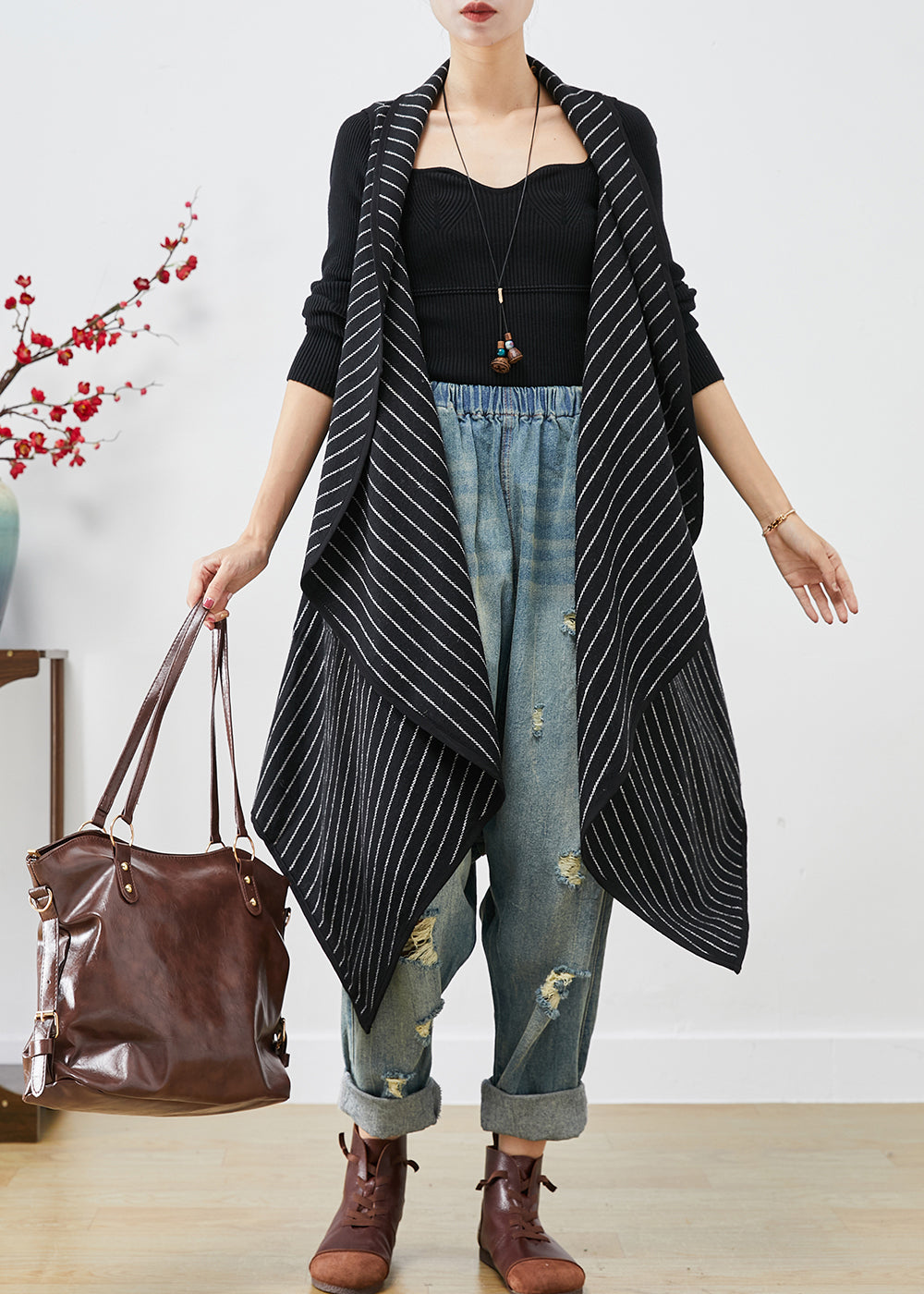 Black Asymmetrical Striped Cotton Long Vest Fall