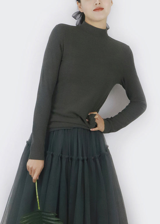 Simple Smoke Grey Turtleneck Thick T Shirts Winter