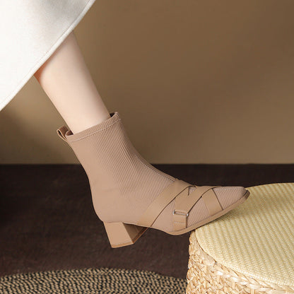 Cross Belt Buckle Square Toe Sleeve Boots