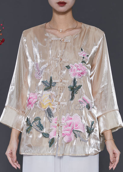 Champagne Embroidered Linen Silk Shirt Spring