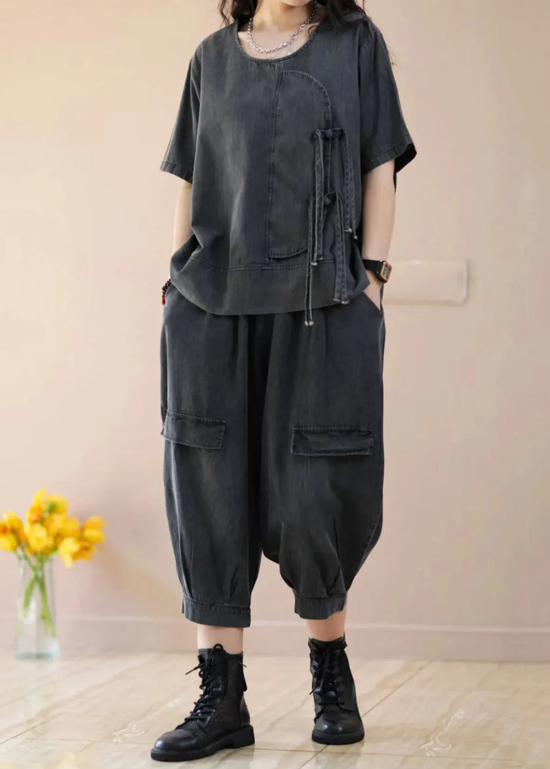 Black Lace Up Pockets Patchwork Denim Two Piece Suit Set Summer