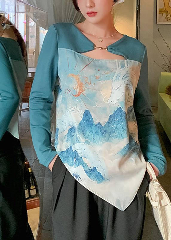 Blue O-neck Asymmetrical Print Top Long Sleeve