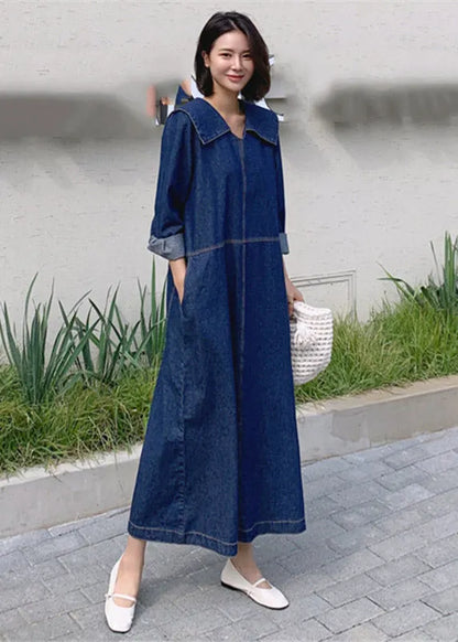 Loose Denim Blue Peter Pan Collar Patchwork Pockets Dress Long Sleeve