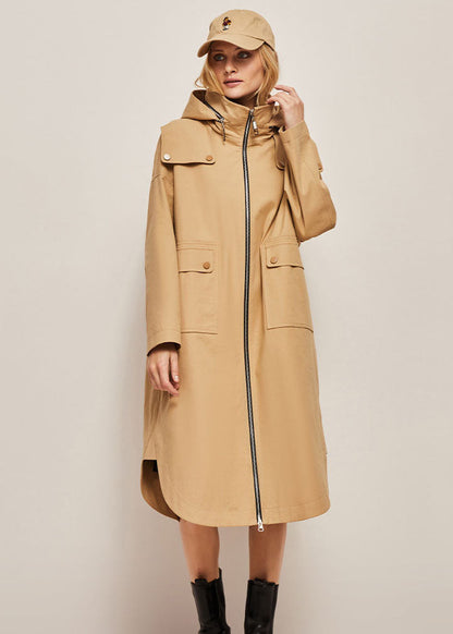 Khaki Hooded Zippered Cotton Cocoon Coats Spring