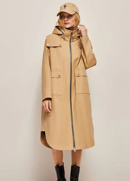 Khaki Hooded Zippered Cotton Cocoon Coats Spring