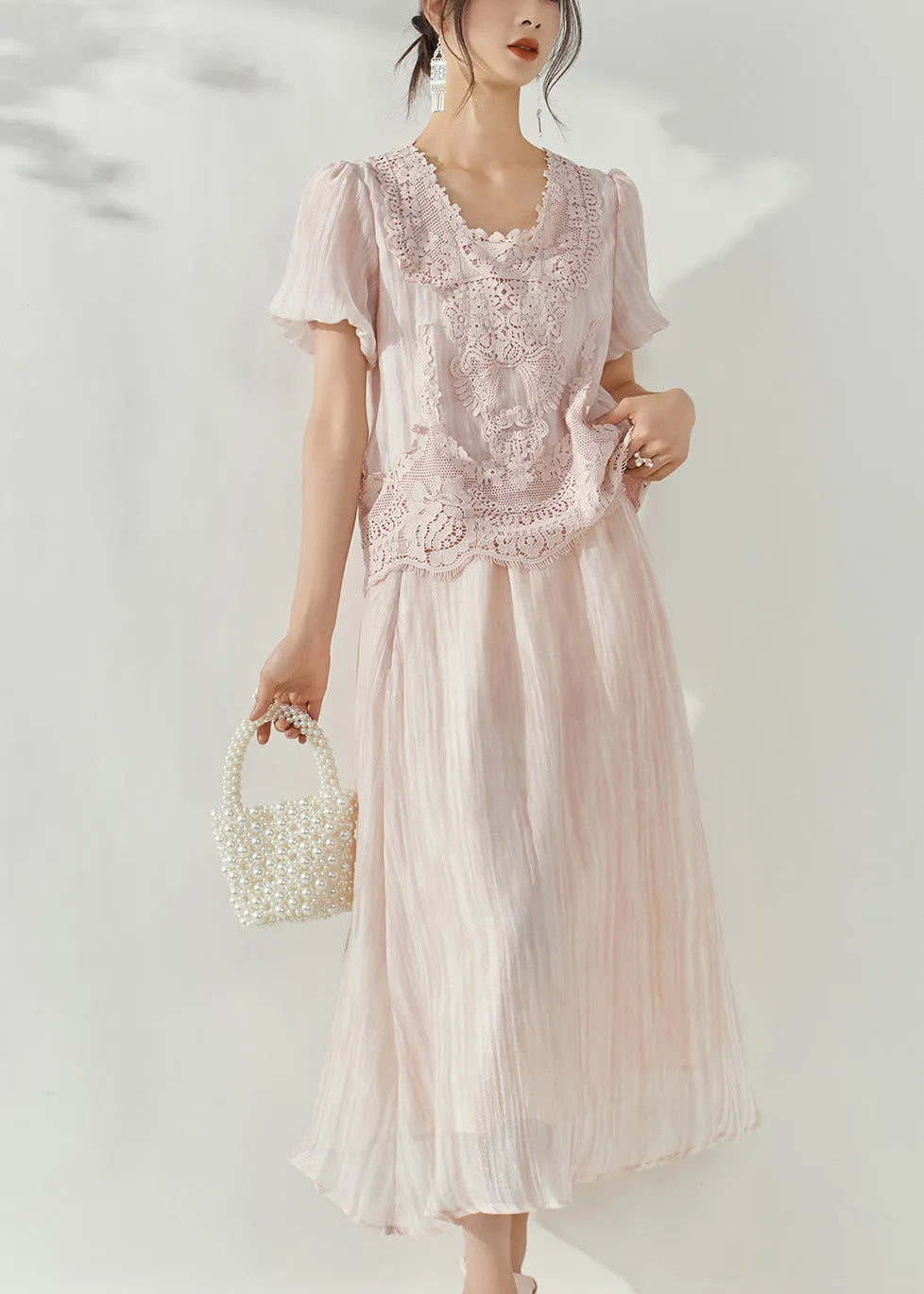 Pink Lace Patchwork Silk Cotton Top and Maxi Skirts Two Pieces Set Puff Sleeve