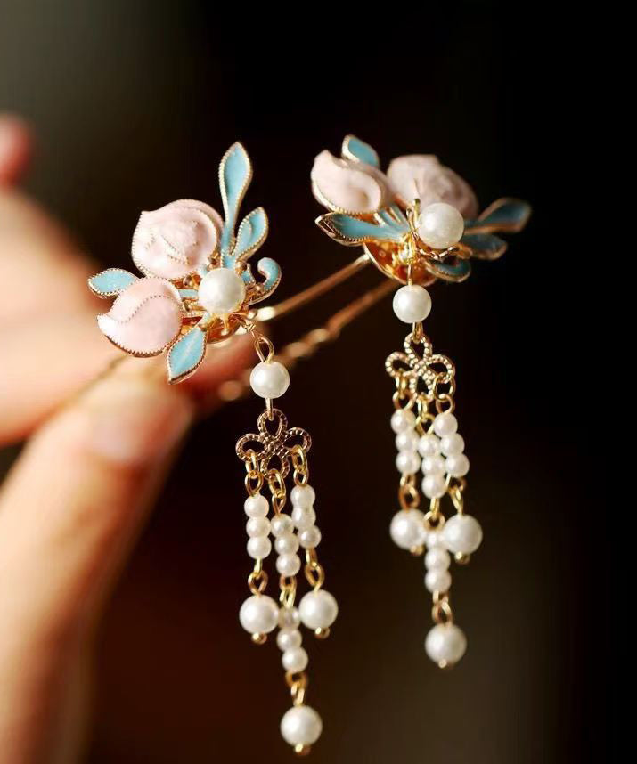 Chinese Style Multicolor Copper Alloy Pearl Drip Glaze Tassel a Pair Hairpin