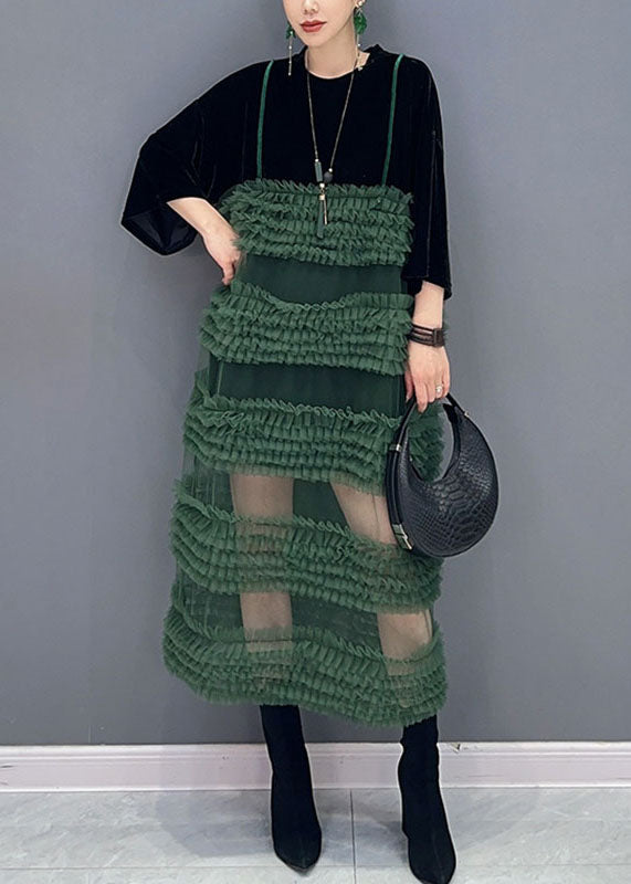 Black Patchwork Green O-neck Fake Two Pieces Tulle Long Dresses Long Sleeve