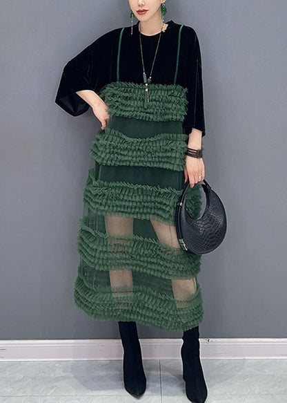 Black Patchwork Green O-neck Fake Two Pieces Tulle Long Dresses Long Sleeve
