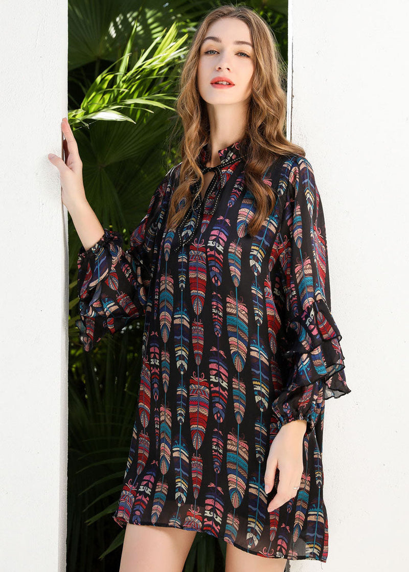Black Stand Collar Lace Up Print Chiffon Dress Butterfly Sleeve