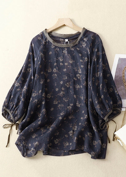 Navy O Neck Lace Up Print Linen Tops Bracelet Sleeve