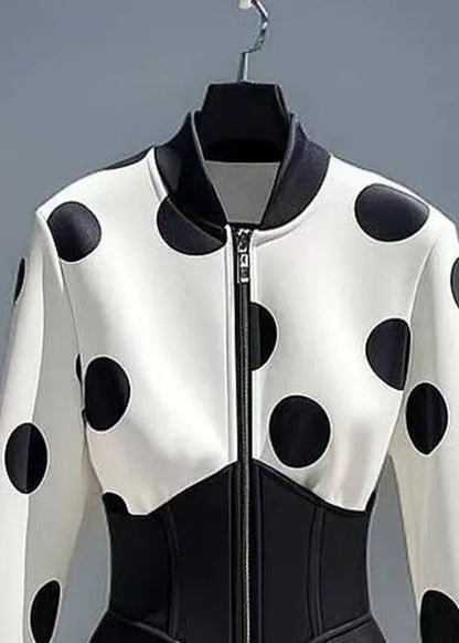 Slim Fit White Zip Up Dot Patchwork Cotton Coats Fall