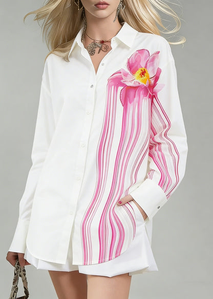 Art White Print Side Open Cotton Blouse Spring