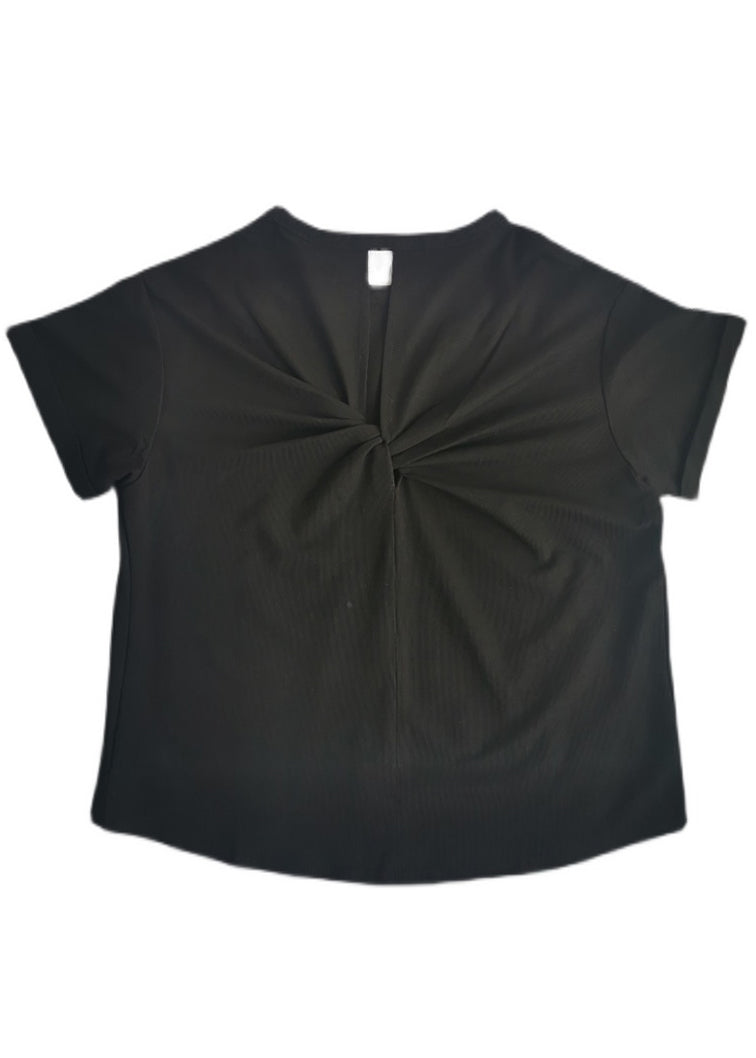 Organic Black O-neck Bow Cotton Tops Short Sleeve