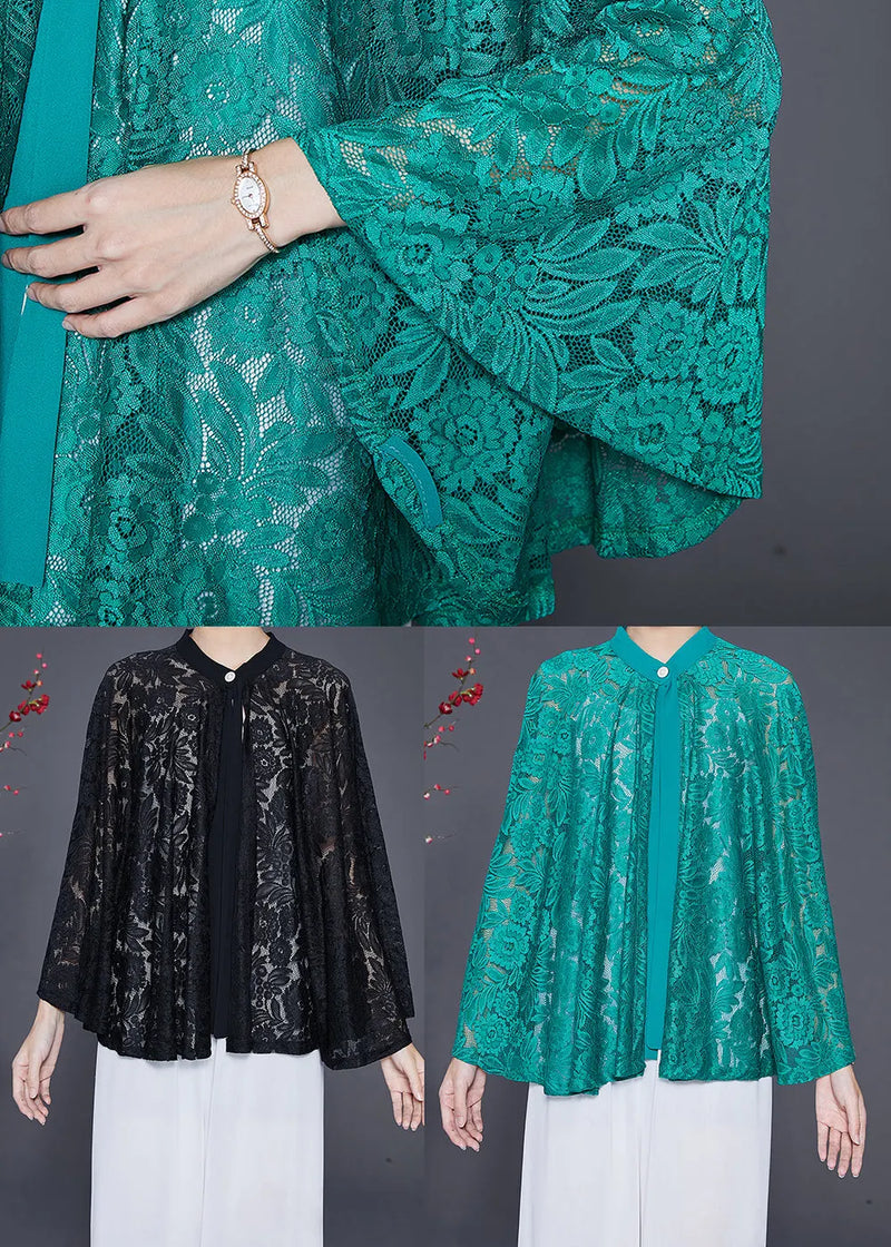 Green Hollow Out Lace Upf 50+ Smock Batwing Sleeve