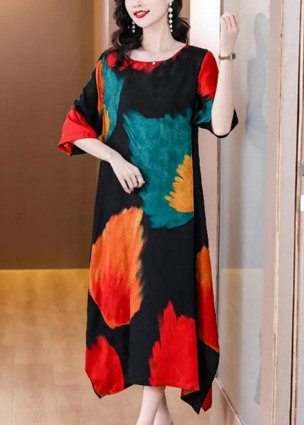 Colorblock O Neck Print Patchwork Silk Dress Summer