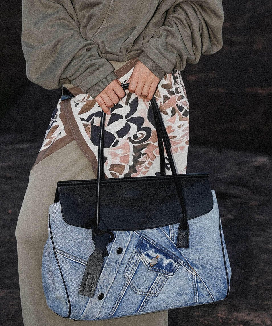Denim Blue Patchwork Leather Large Capacity Shoulder Bags