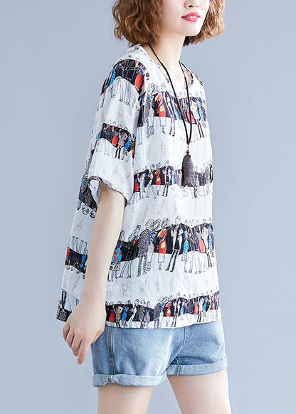 White O-neck Character Print Cotton Tops Summer
