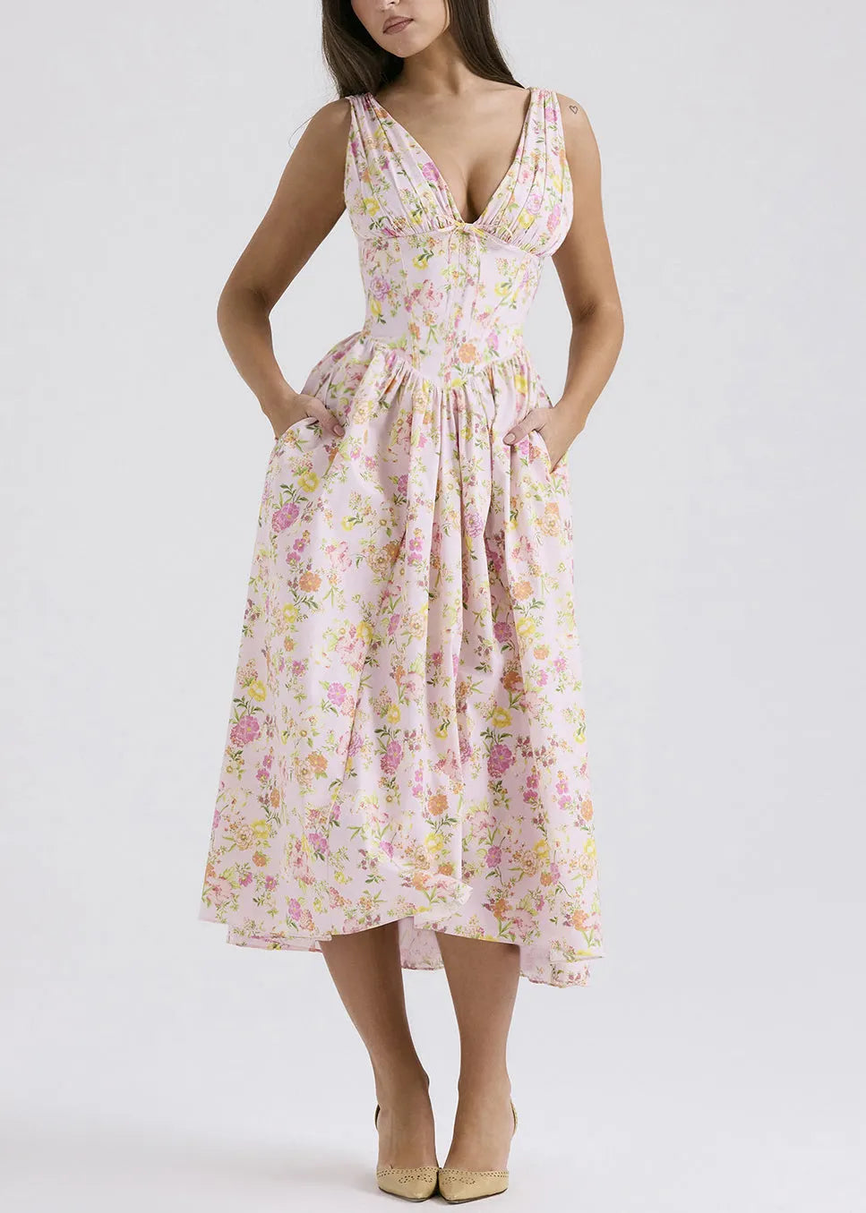 Slim Fit White V Neck Print Pockets Cotton Dresses Sleeveless
