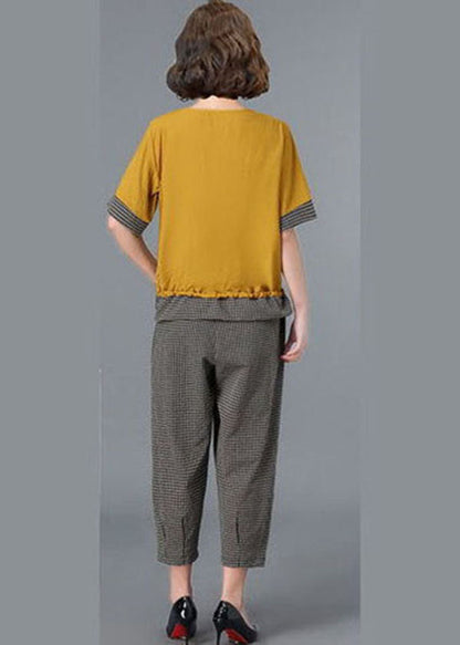 Yellow O-neck Plaid Linen Tops and Crop Harem Pants Two Pieces Set Short Sleeve