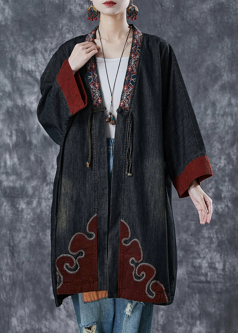 Black Embroidered Patchwork Denim Coats Spring