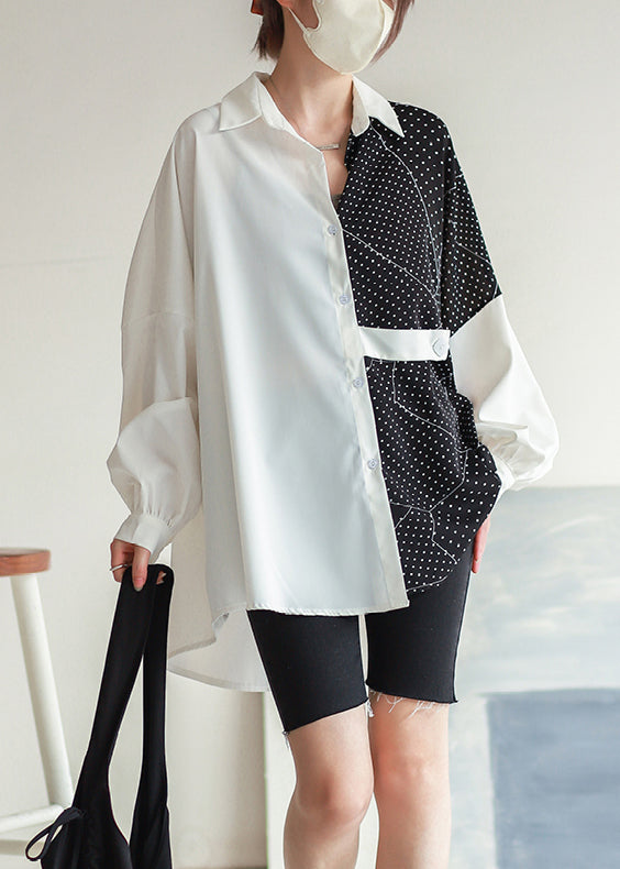 White Dot Asymmetrical Button Chiffon Shirt Batwing Sleeve