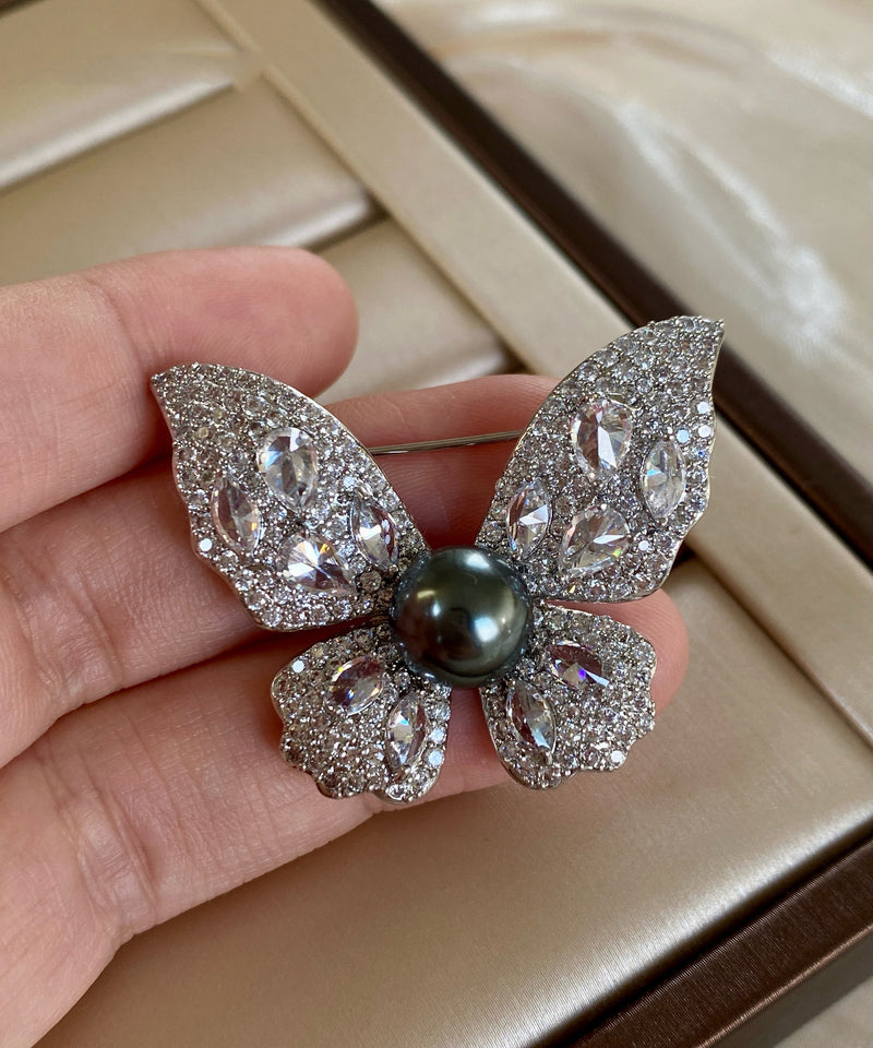 Light Zircon Pearl Butterfly Brooches
