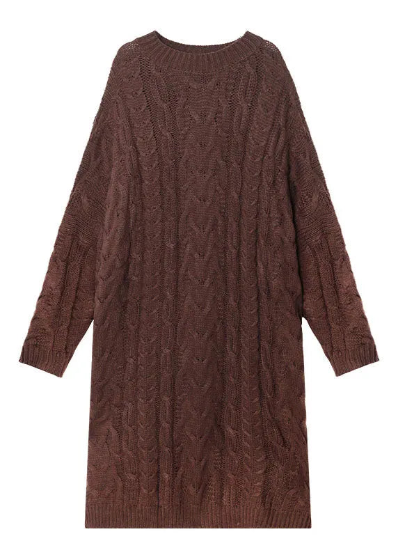Classy Coffee O-neck Jacquard Fall Sweater Dress
