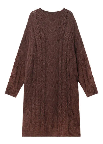 Classy Coffee O-neck Jacquard Fall Sweater Dress