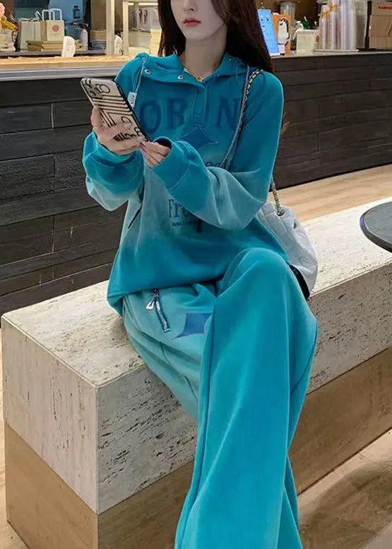Blue Letter Sweatshirt and Pants Warm Fleece Two Pieces Set Hooded