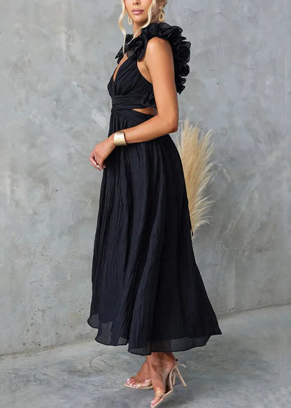 Black Elastic Waist Cotton Long Dresses V Neck Sleeveless