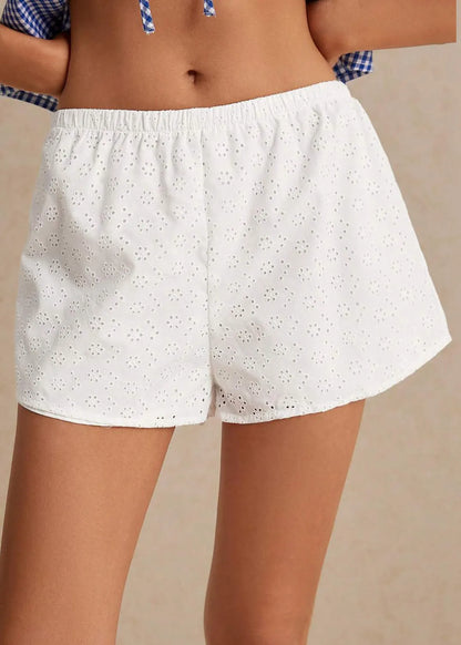 White Embroidered Elastic Waist Cotton Shorts Summer