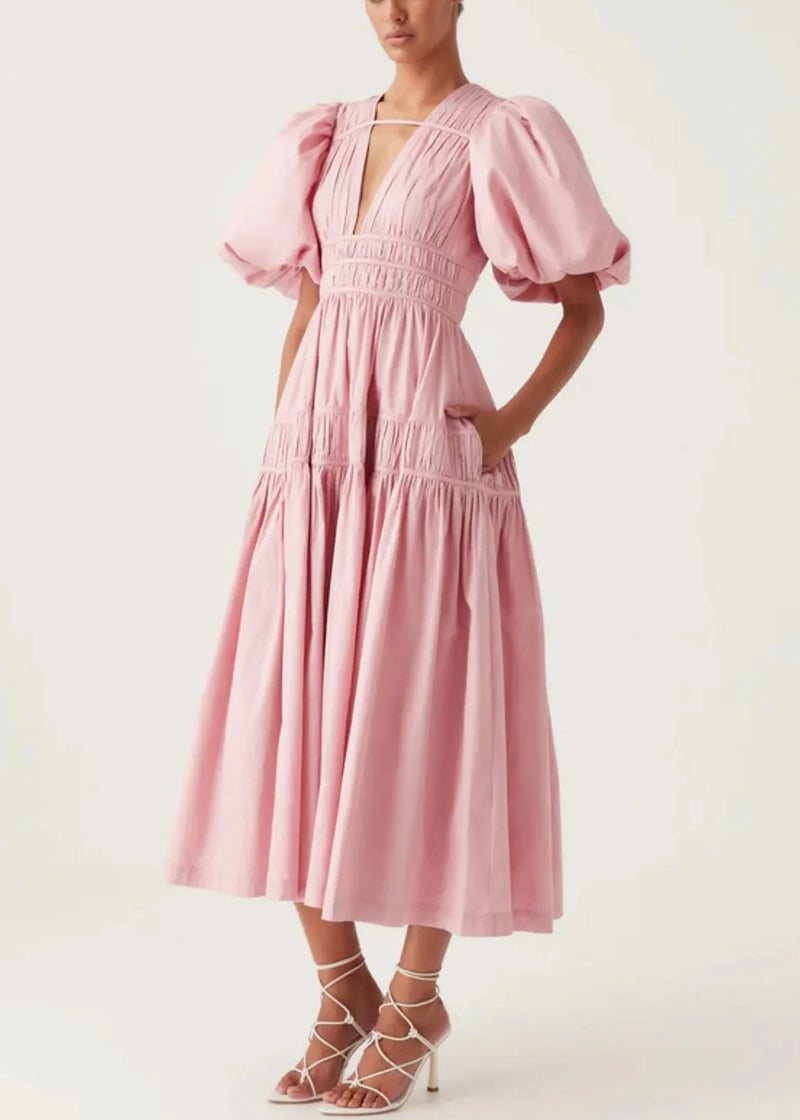 Italian Pink V Neck Wrinkled Cotton Maxi Dress Puff Sleeve