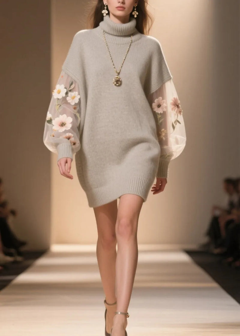Hign Neck Tulle Patchwork Knit Sweater Dress Winter