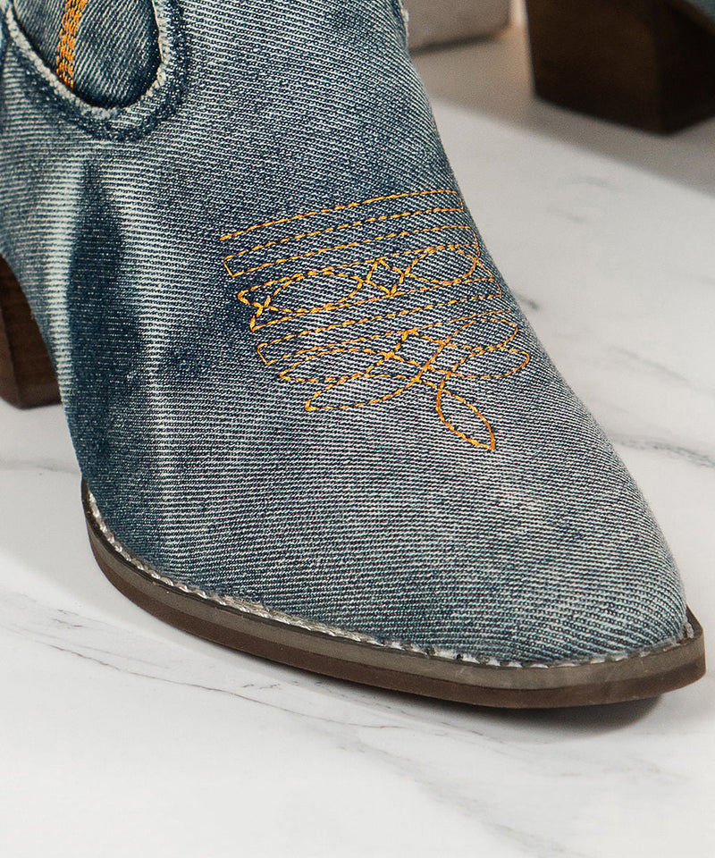 French Pointed Toe Fabric Boots Cowboy Boots Embossed Blue