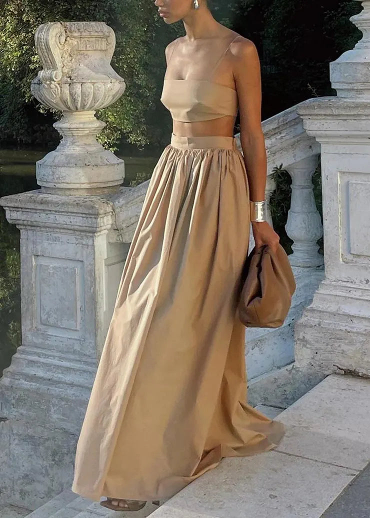 Classy Khaki Silm Fit Bustier Top and Skirts Two Pieces Set Summer