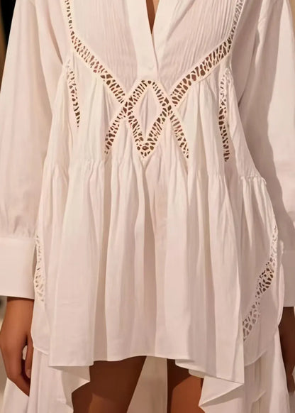 Diy White Hollow Out Low High Design Cotton Day Dress Spring