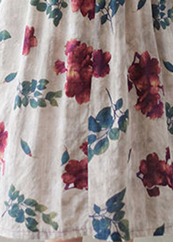 O-neck Print Wrinkled Linen Long Dress Short Sleeve