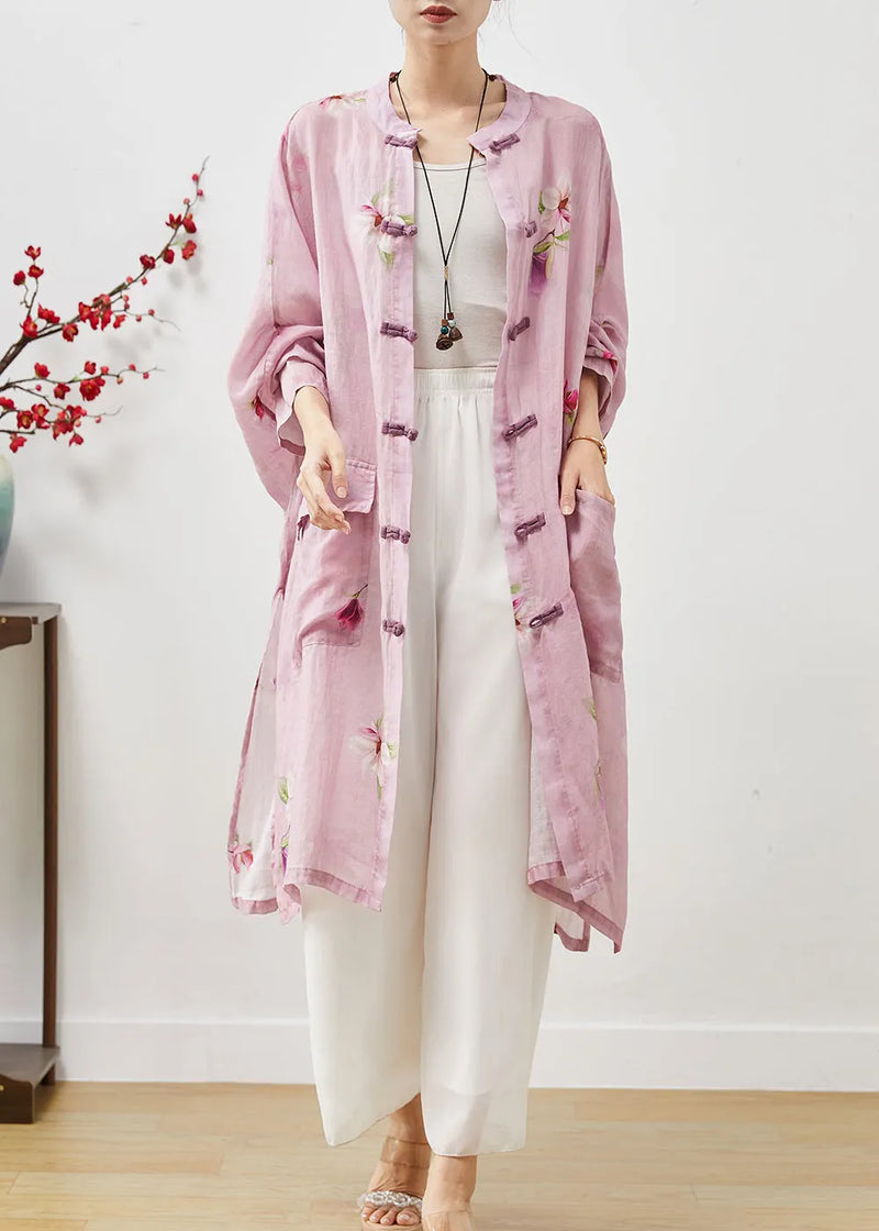 Pink Print Linen Shirt Dress Oversized Chinese Button Summer